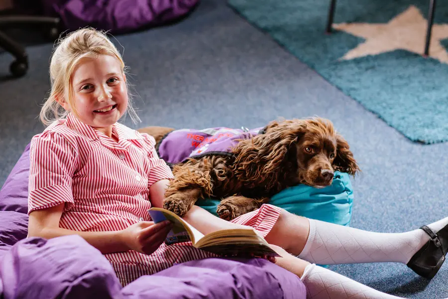  pupil smiling sitting in a beanbag with support dog blundells pre school private prep school in devon